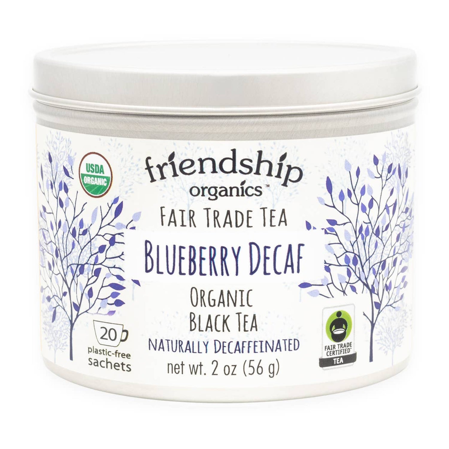 Close-up of Friendship Organics Blueberry Decaf Tea tin showing Fair Trade and Organic certifications