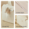 Collage of a beige storage bag with an invisible zipper, kid-friendly handle, and a toy inside on a textured surface.