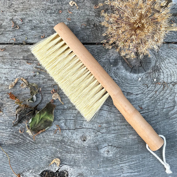 Multi-purpose gardener's brush with smooth solid beechwood handle and natural sisal bristles, 11.5 inches long