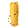 Yellow drawstring bag with decorative elements on a white background
