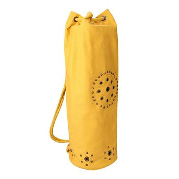 Yellow drawstring bag with decorative elements on a white background