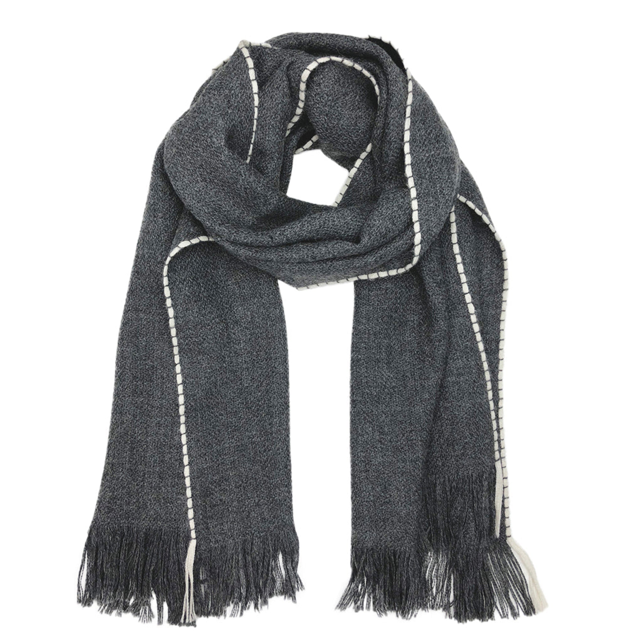 Gray scarf with white trim and fringes on a white background