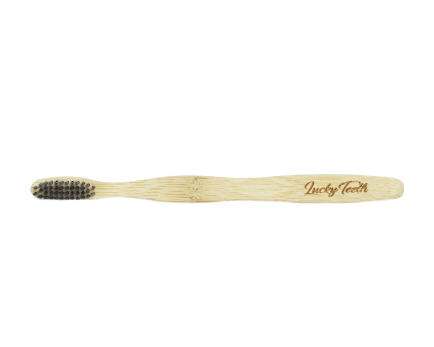 Bamboo toothbrush with black bristles on a white background