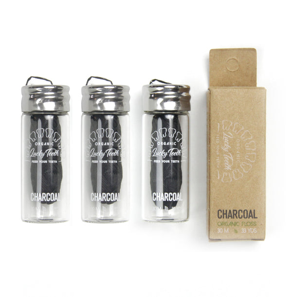 Organic Bamboo Dental Floss - Activated Charcoal Floss in Glass Jar 30m / 33 yds