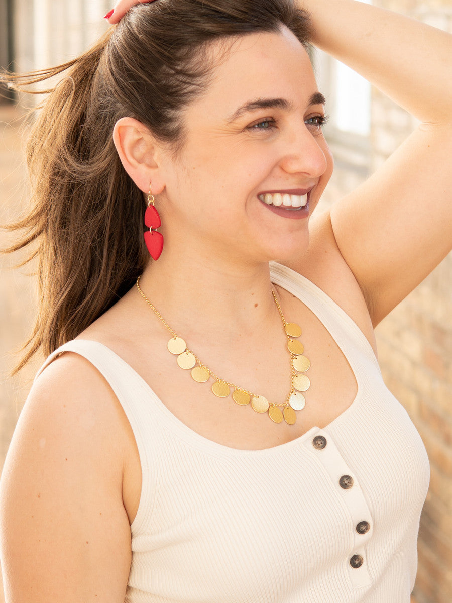 Fair Anita disc charm necklace styled and layered, showing 19.5 inch length with extender chain