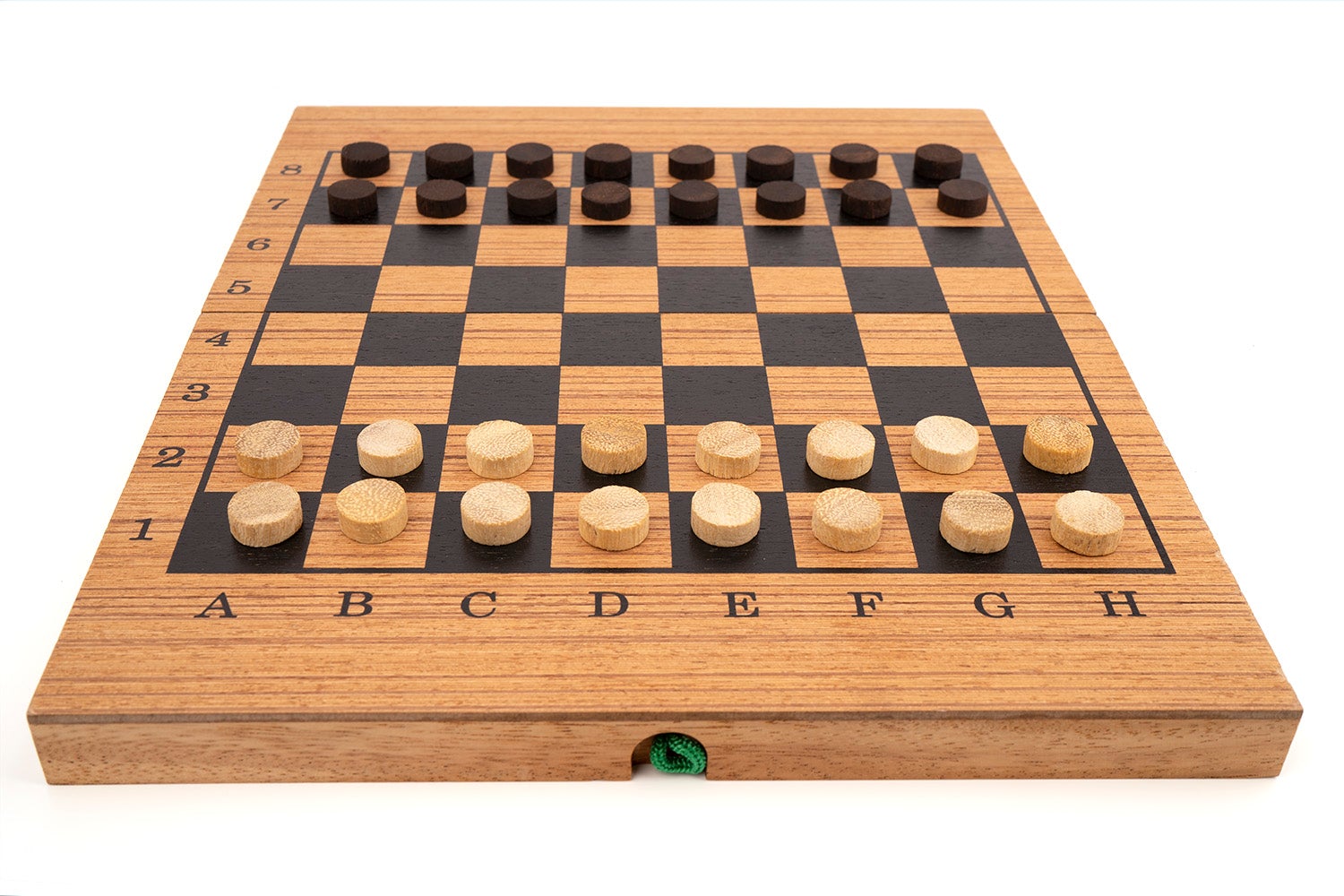 Wooden checkers board with pieces on a white background