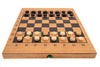 Wooden checkers board with pieces on a white background