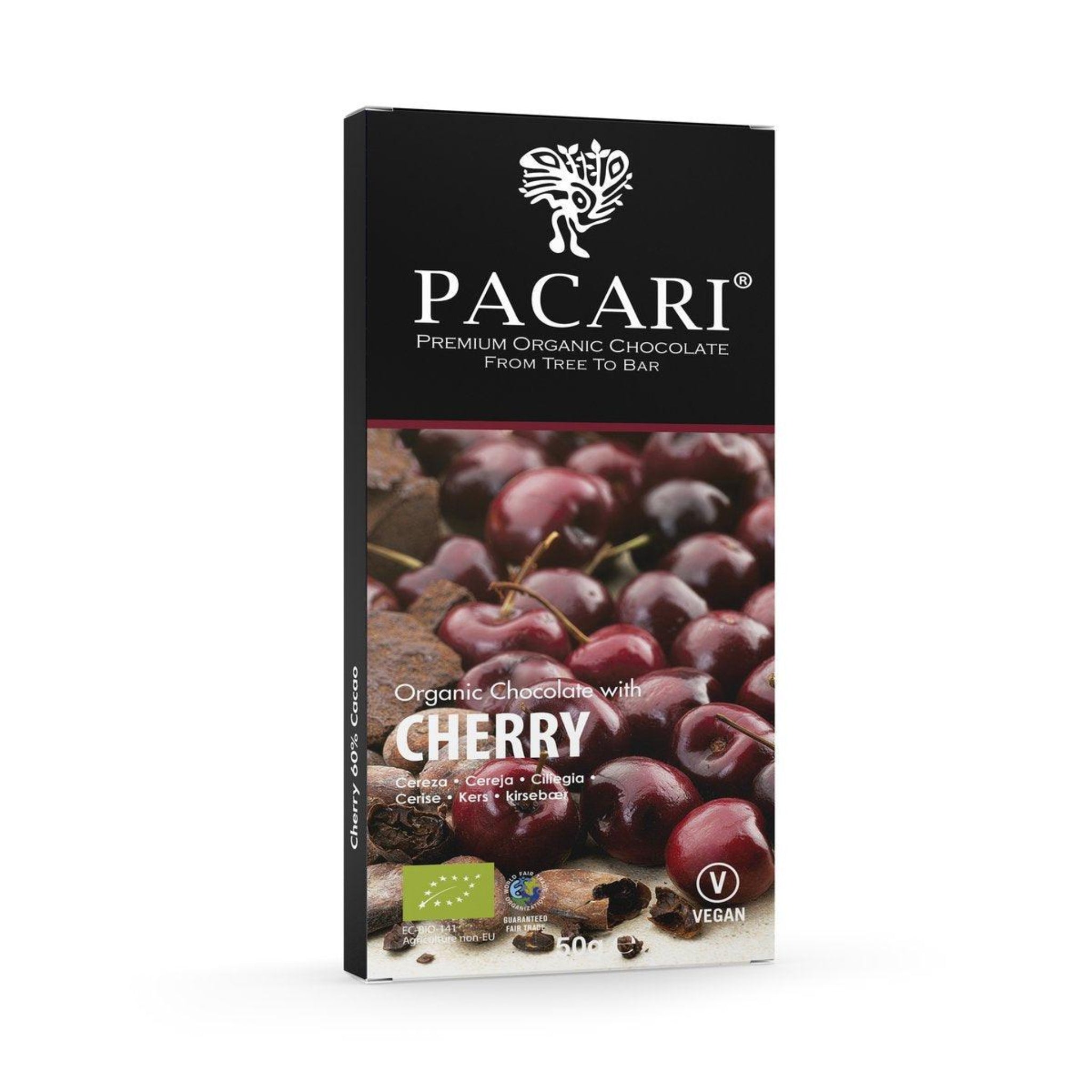 Pacari cherry chocolate bar packaging on a white background