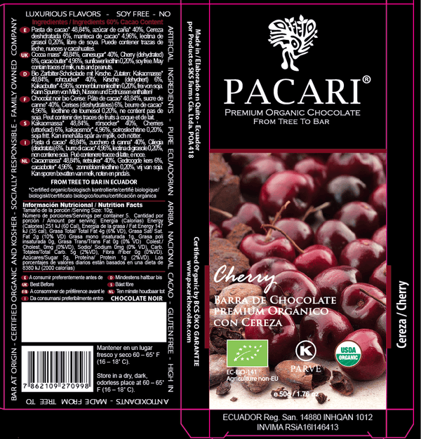 Pacari cherry chocolate bar packaging with cherries and brand logo.