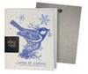 A greeting card with a vintage etching of a bird and snowflakes design, accompanied by text that reads 'PEACE LOVE' and 'Listen to Nature'. The card is part of a eco-friendly product line.