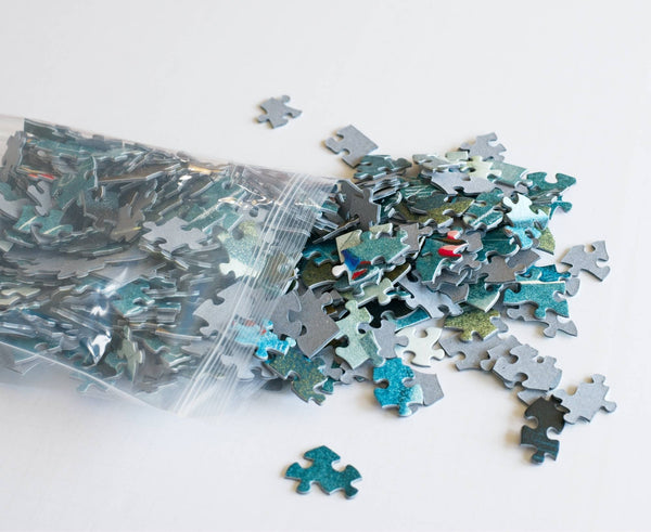Resealable bag of Children's Games puzzle pieces from the 500-piece Eric Drooker puzzle