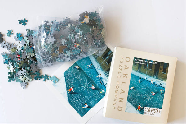 Children's Games jigsaw puzzle box by Oakland Puzzle Company, open to show the contents
