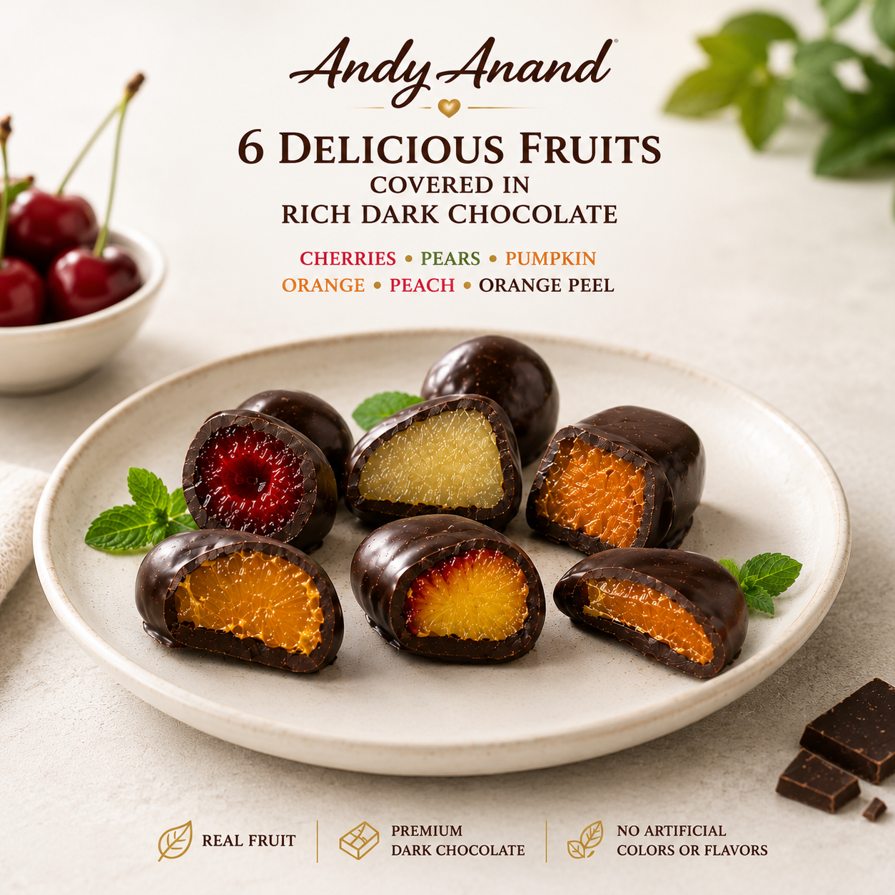 Assorted chocolate covered fruits including cherry, pear, pumpkin, orange, peach and orange peel