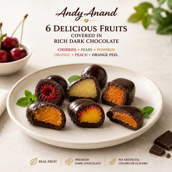 Assorted chocolate covered fruits including cherry, pear, pumpkin, orange, peach and orange peel
