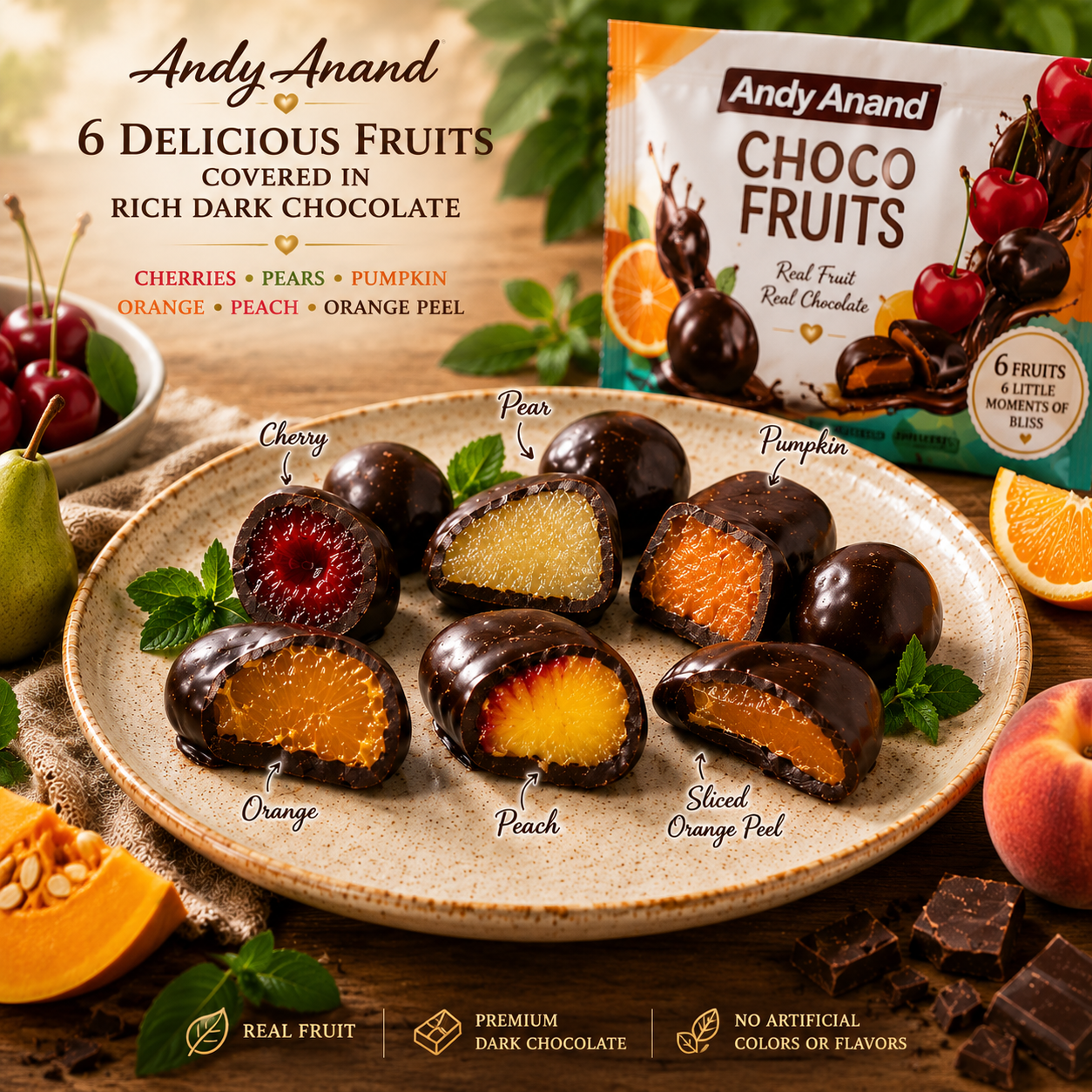 Close-up of dark chocolate covered fruit pieces in gift box