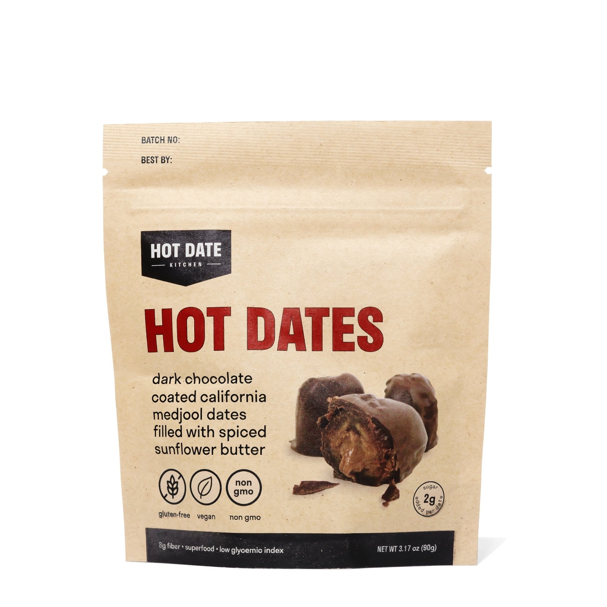 Package of Hot Dates with a brown background