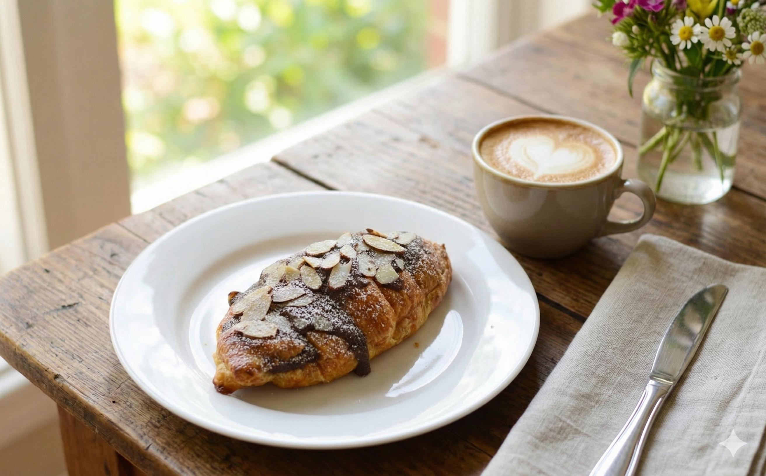 Sugar-free dark chocolate almond croissant showing flaky laminated pastry layers and dark chocolate filling