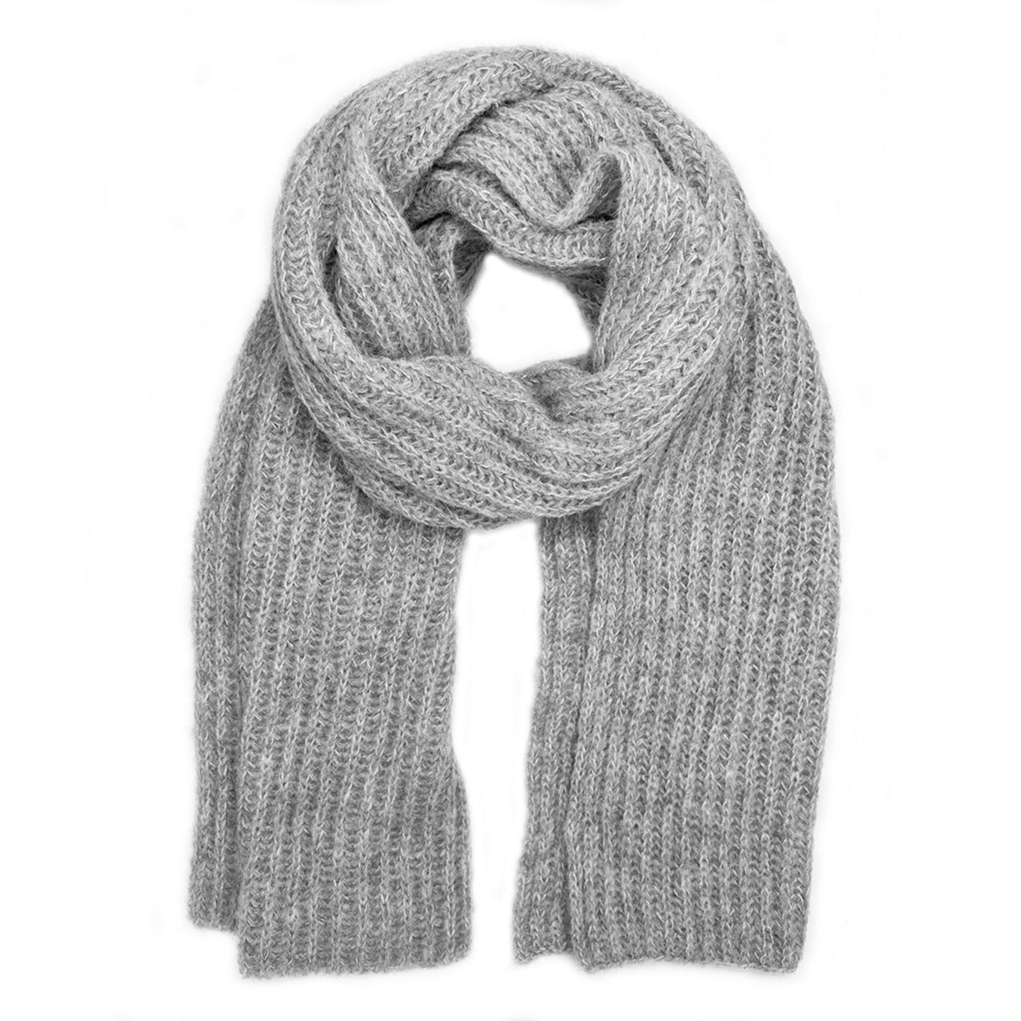 Gray knitted alpaca scarf on a white background