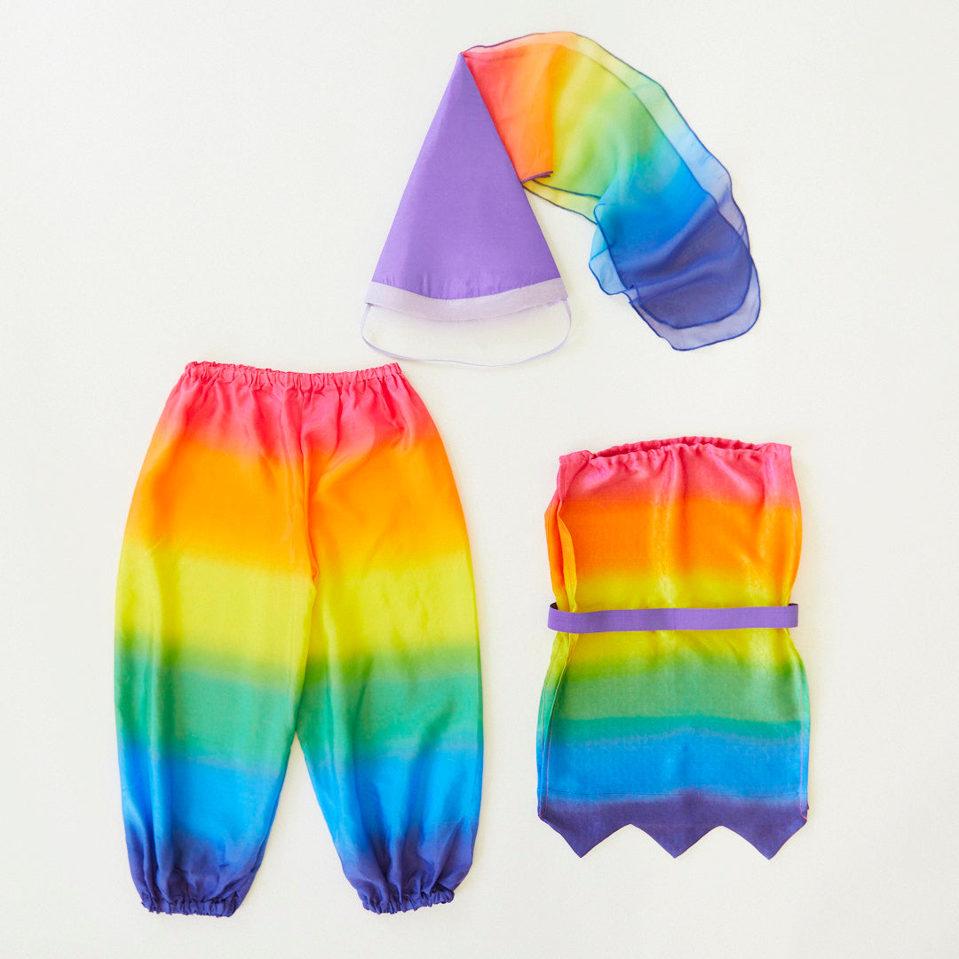 Unleash your child's inner jester with our Rainbow Jester Costume. This complete set includes a tunic, pants, and hat for endless fun and imaginative play. Perfect for parties, Halloween, and everyday adventures.