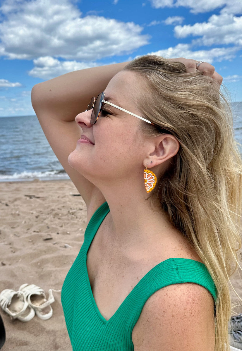 Orange and lime citrus fruit slice beaded earrings by Fair Anita – nickel-free, ethically made in India