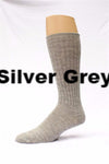 Silver grey sock on a white background with 'Silver Grey' text. Classic Alpaca Socks – soft, breathable, and versatile for year-round wear. Ethically made in Peru. Shop timeless alpaca comfort today.