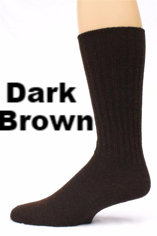 Dark brown sock on a white background with 'Dark Brown' text. Classic Alpaca Socks – soft, breathable, and versatile for year-round wear. Ethically made in Peru. Shop timeless alpaca comfort today.