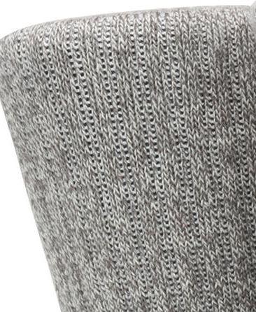 Close-up of a gray knit sock with a white background. Classic Alpaca Socks – soft, breathable, and versatile for year-round wear. Ethically made in Peru. Shop timeless alpaca comfort today.