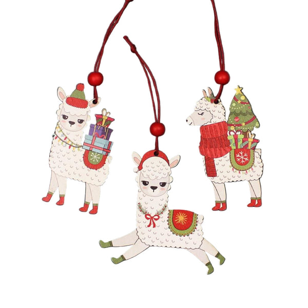 Set of three Christmas-themed llama ornaments on a teal background