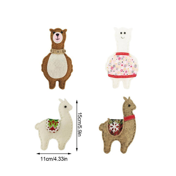 Four plush toys resembling llamas with decorative scarves on a white background