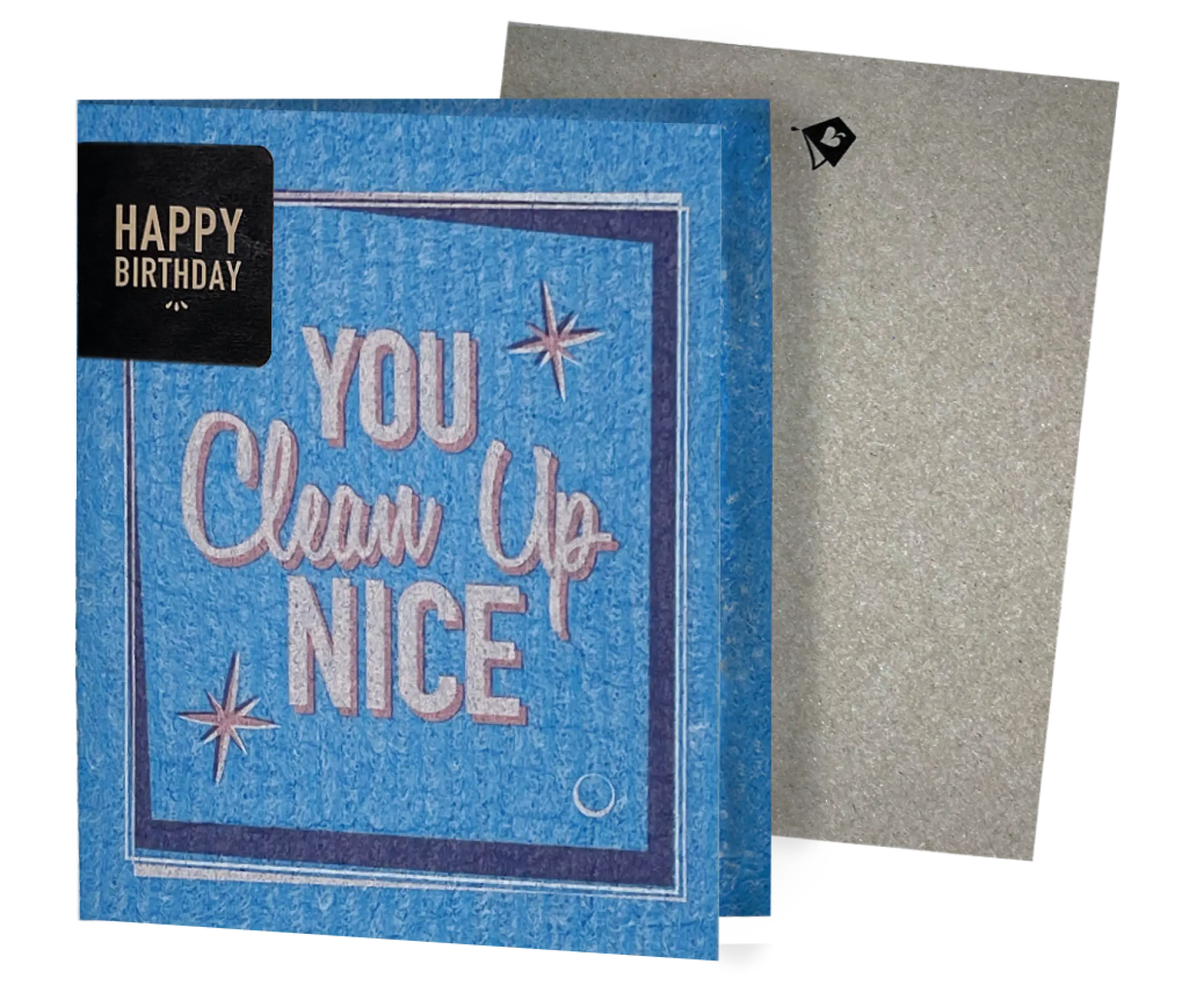 A boxed greeting card with 'Happy Birthday' text on the front, featuring a blue design and the phrase 'You Clean Up Nice' in a decorative font.