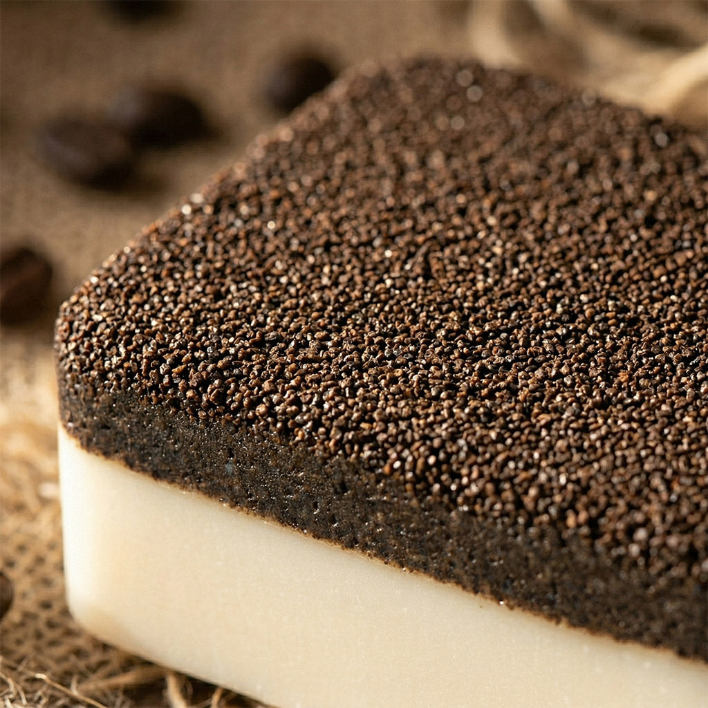Close-up of a textured brown bar of soap on a textured surface
