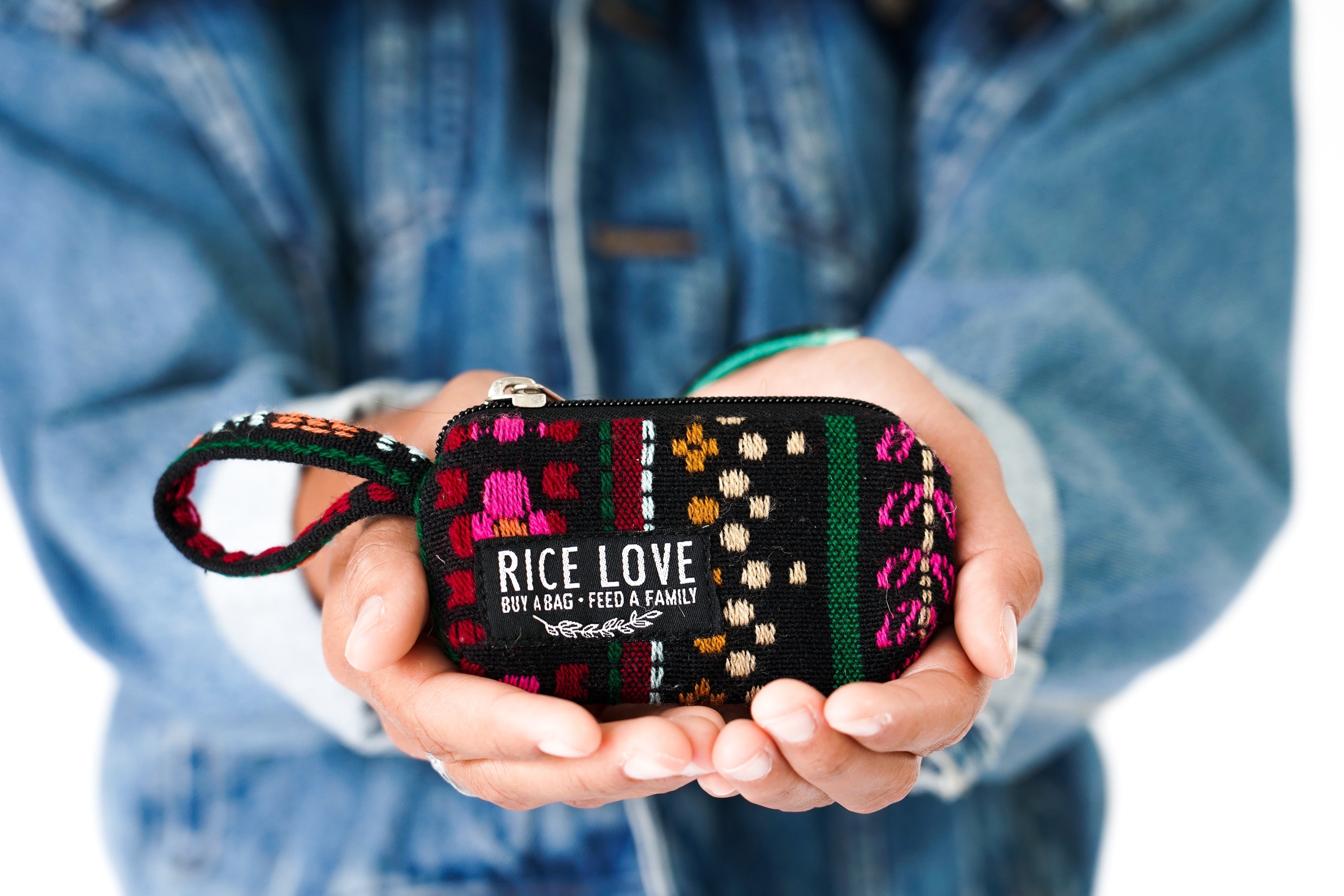 Close-up of the Rice Love Coin Purse fabric and stitching