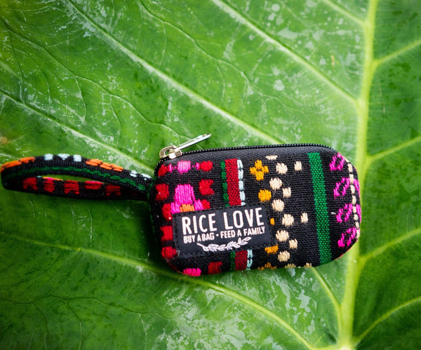 Rice Love Coin Purse displaying its fair trade jute construction