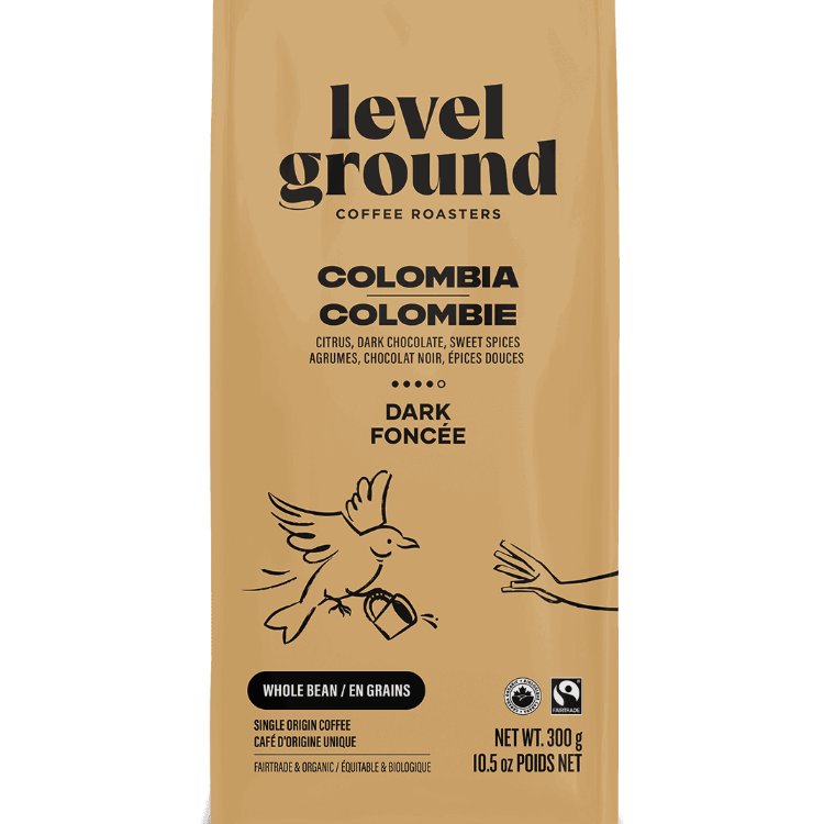 Level Ground Colombian Dark Roast Coffee bag — Fair Trade certified and organic, roasted in Victoria BC