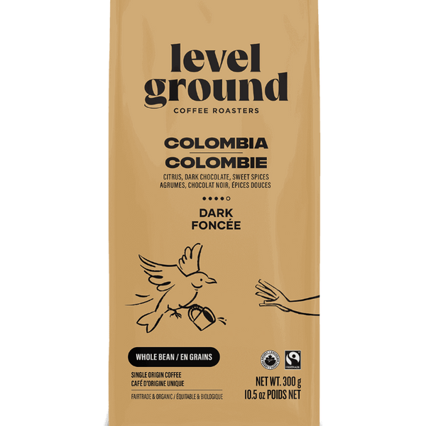 Level Ground Colombian Dark Roast Coffee bag — Fair Trade certified and organic, roasted in Victoria BC