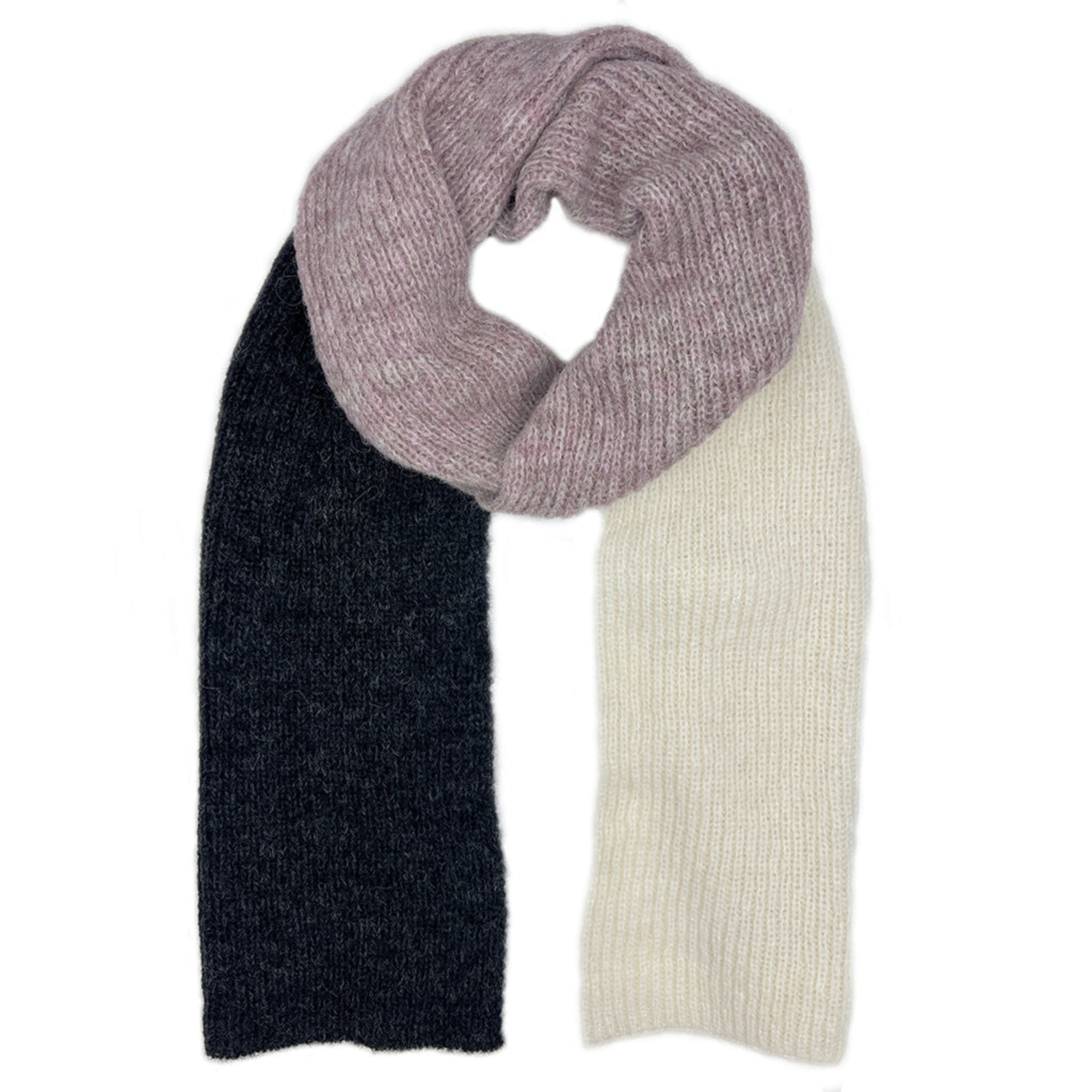 Multicolored knit alpaca scarf with purple, black, and white sections on a white background