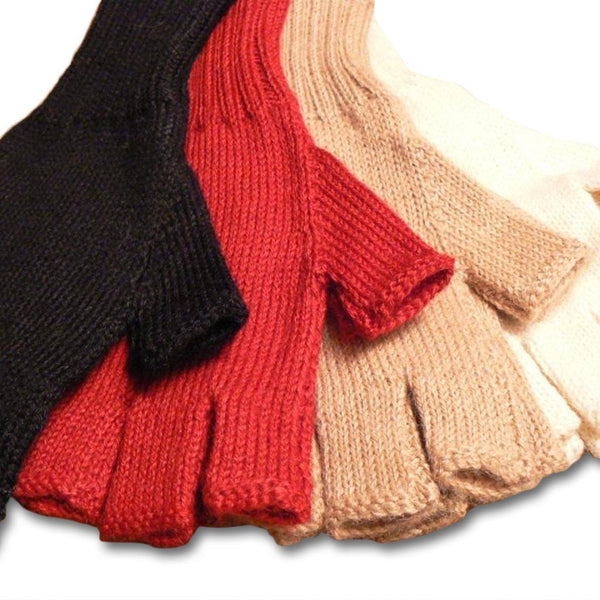 Four pairs of knitted fingerless gloves in black, red, beige, and cream on a white background.