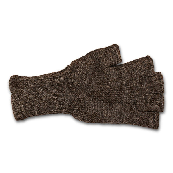 Pair of brown fingerless gloves on a white background