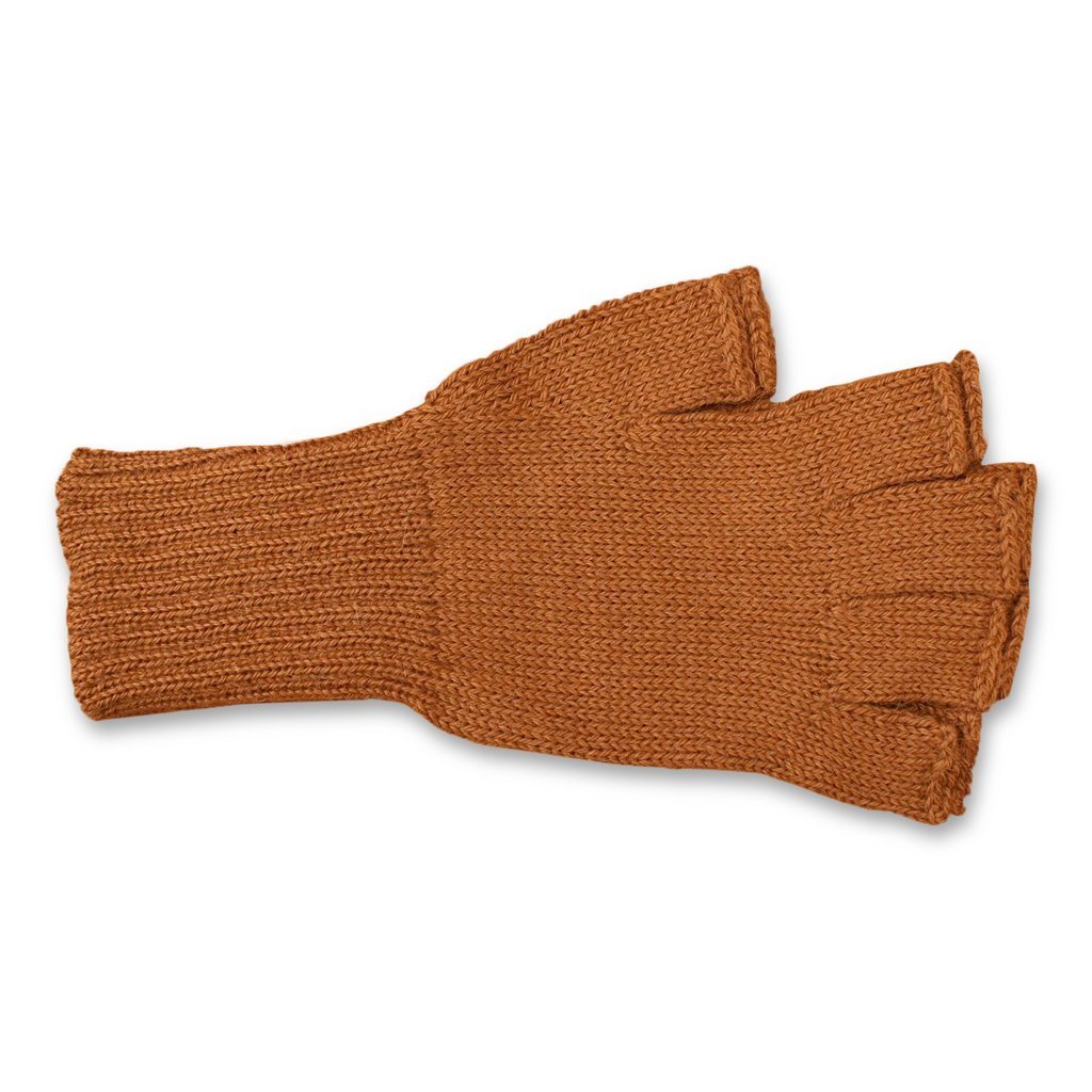 Brown knitted fingerless glove on a white background