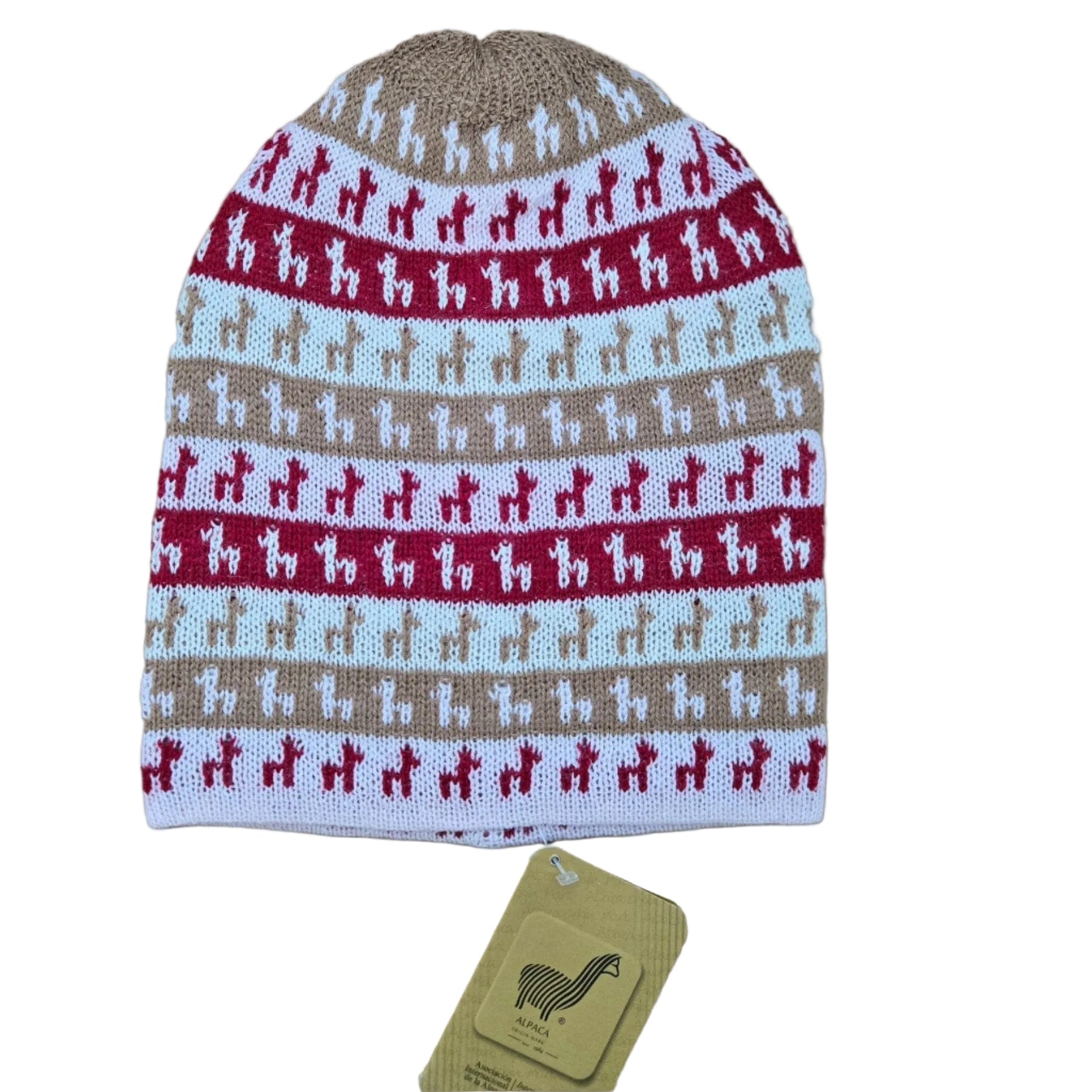 Alpacas on Alpaca Hat in beige — soft baby alpaca knit beanie with alpaca band design, made in Peru