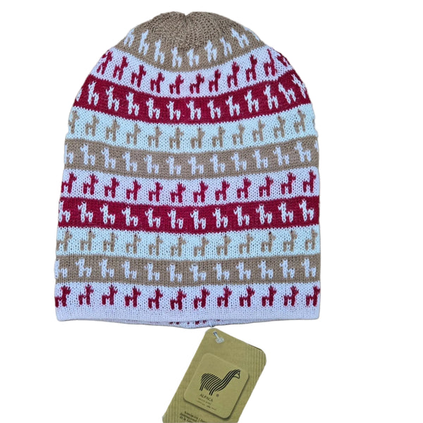 Alpacas on Alpaca Hat in beige — soft baby alpaca knit beanie with alpaca band design, made in Peru