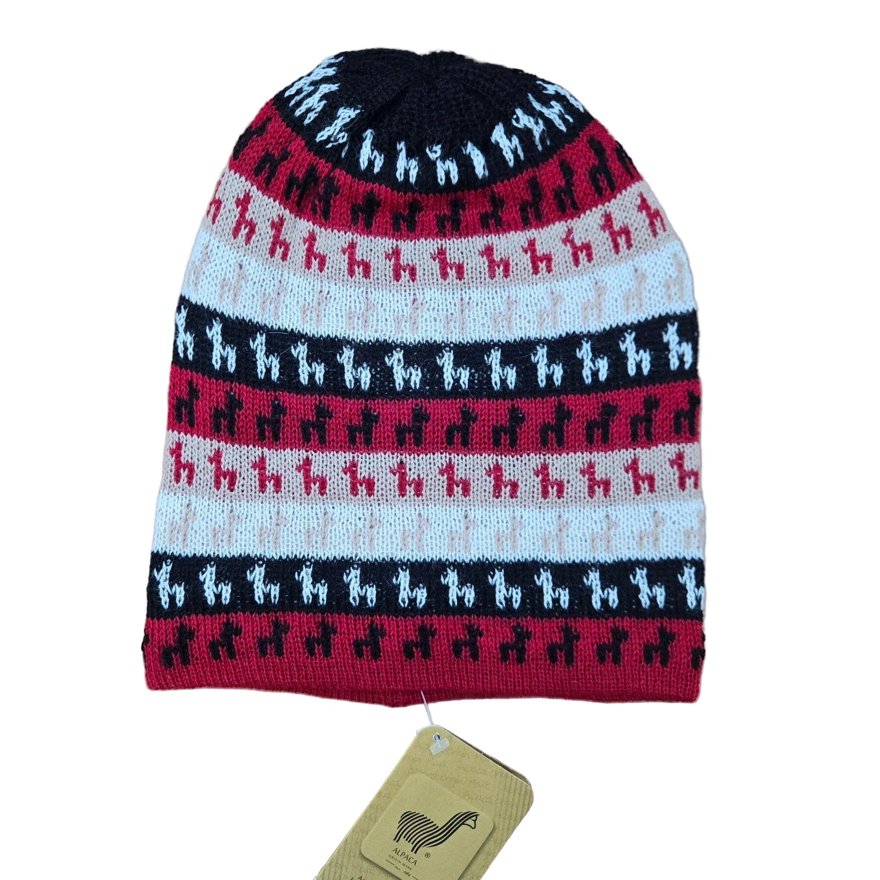 Alpacas on Alpaca Hat in black — warm 100% baby alpaca beanie with colorful alpaca motif band