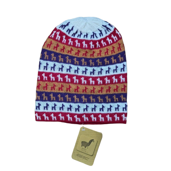 Alpacas on Alpaca Hat in white — 100% baby alpaca knit beanie with colorful alpaca motifs