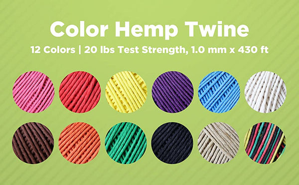 Color Hemp Twine packaging with various colors on a green background