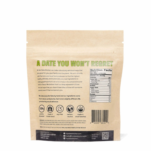 Back of a food packaging bag with text and labels on a white background