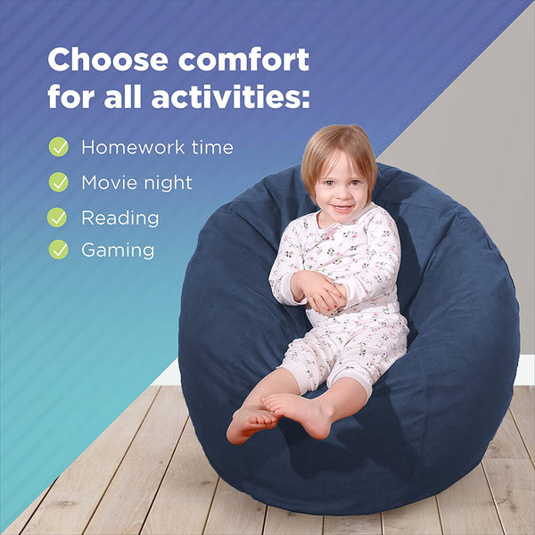 Child sitting in a navy bean bag chair with text about its uses for various activities on a blue and gray background.