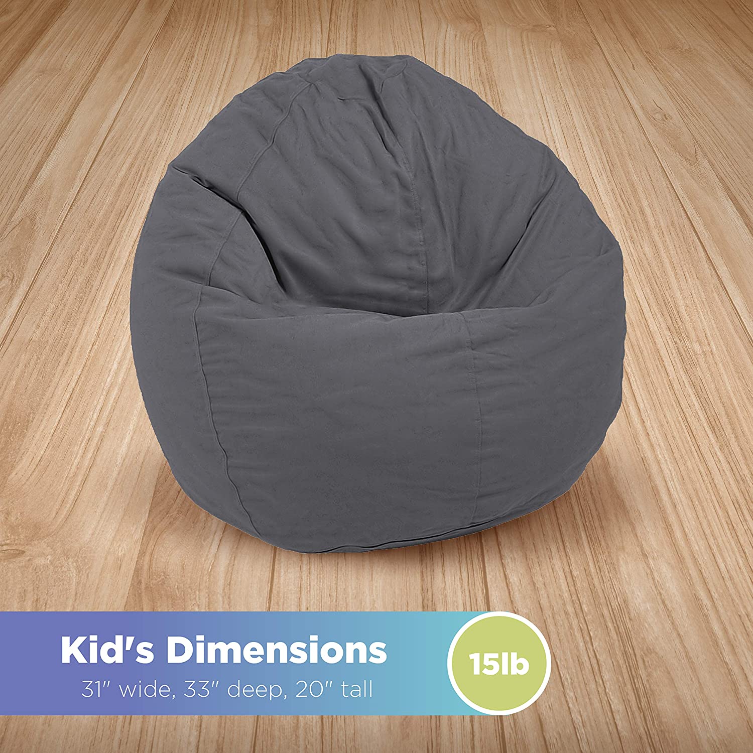 Gray bean bag chair on a wooden floor with dimensions displayed.