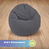 Gray bean bag chair on a wooden floor with dimensions displayed.