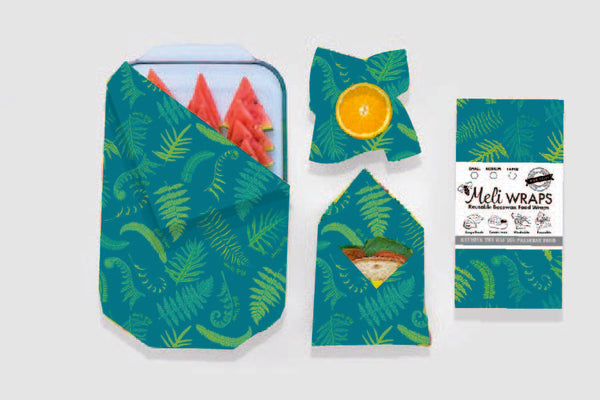 Size comparison of Meli Wraps beeswax food wraps – small, medium, and large fern print options