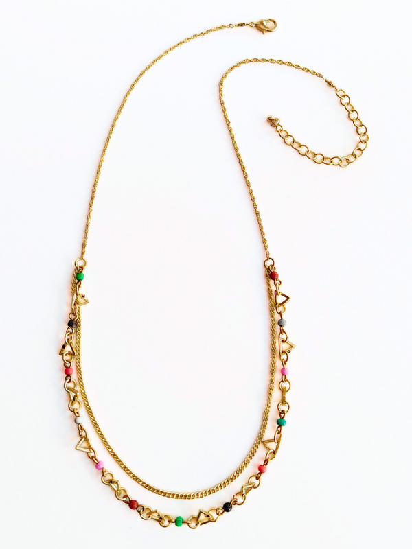 Close-up of Confetti Dual Strand Necklace showing gold-plated recycled brass chain detail
